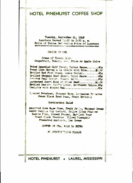 pinehurst_menu_1948_09_21.png - PINEHURST MENUSeptember 21, 1948Steak or Fish for 85¢!!